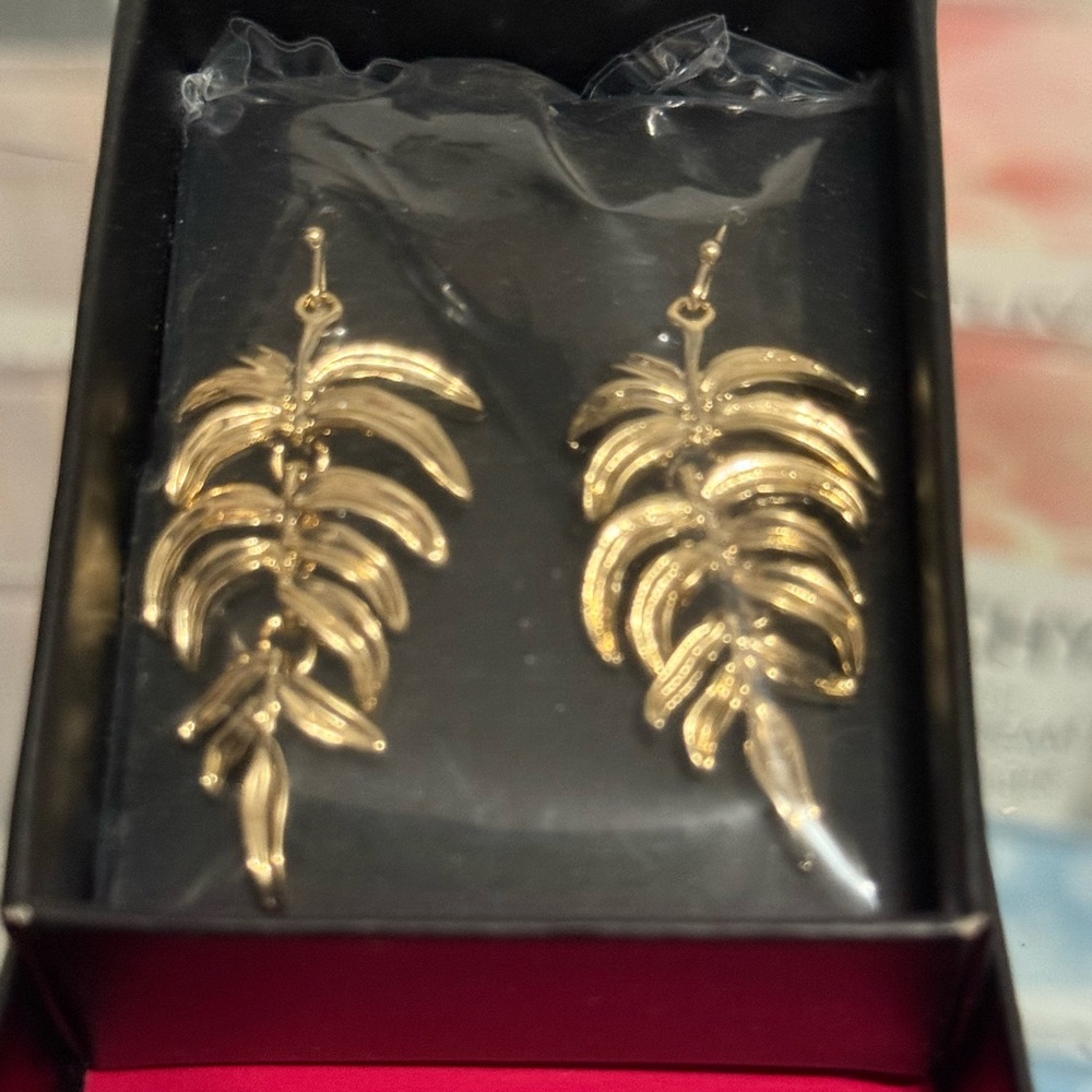 Elegant Goldtone Palm Leaf Drop Earrings